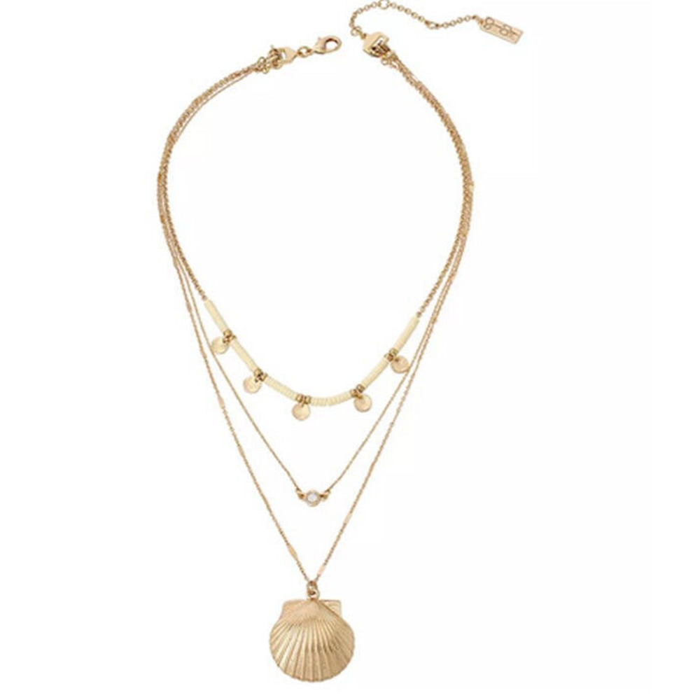 Jessica Simpson Multi-Layer Necklace Seashell Pendant Gold Tone Rhinestone